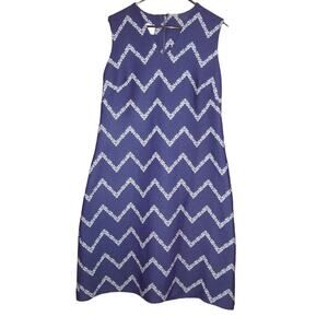Vintage Blue Mod Sleeveless Dress size 12 Chevron Print w/ White Flowers Floral